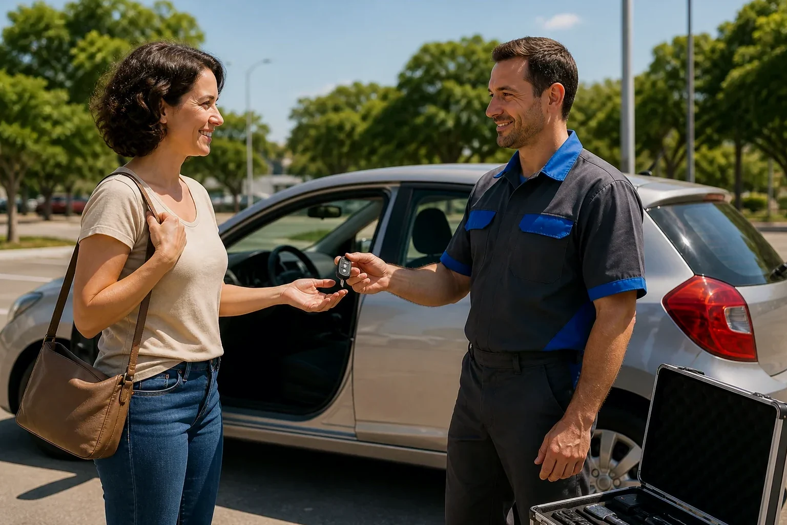 Chaveiro abrindo carro com ferramentas específicas em Águas Lindas de Goiás.