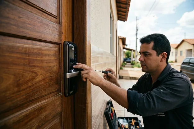 Fechadura digital instalada em porta residencial em Águas Lindas de Goiás.